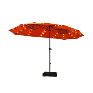 15 Ft Solar LED Patio Double-sided Umbrella Market Umbrella with Weight Base-Orange