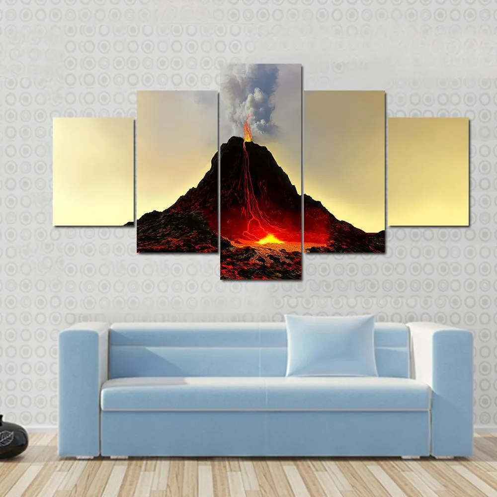 Active Volcano Spews Out Hot Red Lava Canvas Wall Art