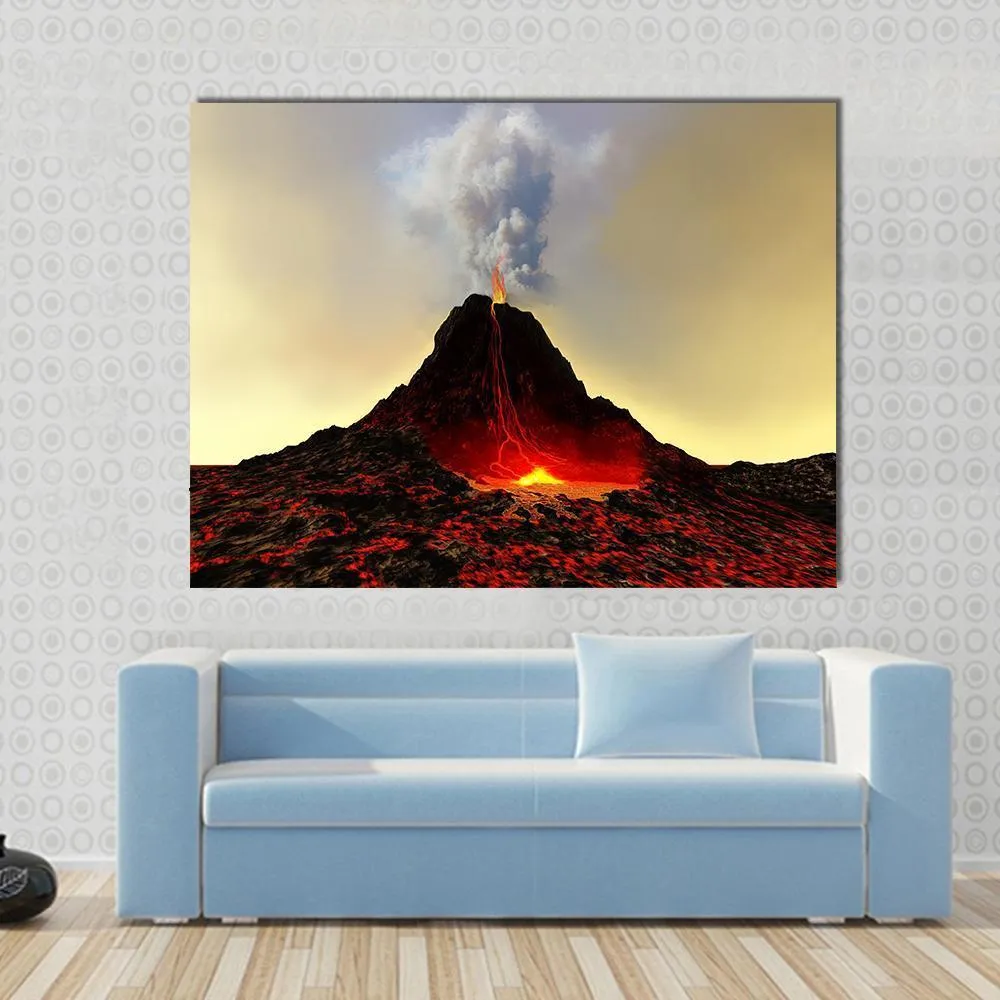 Active Volcano Spews Out Hot Red Lava Canvas Wall Art