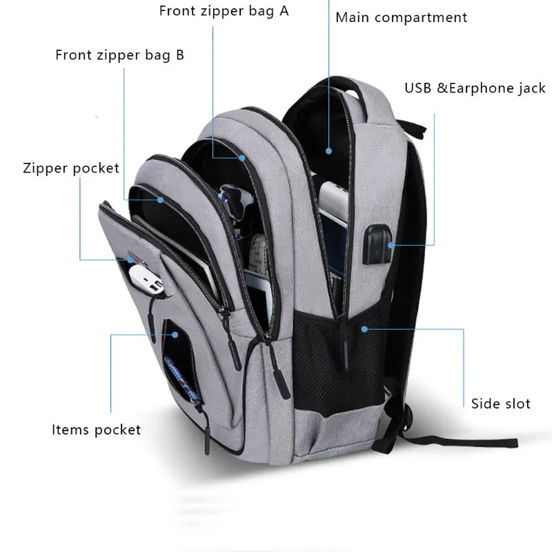 Big Capacity Men Backpack Multifunctional  Oxford Gray Solid USB Charging Student Schoolbag