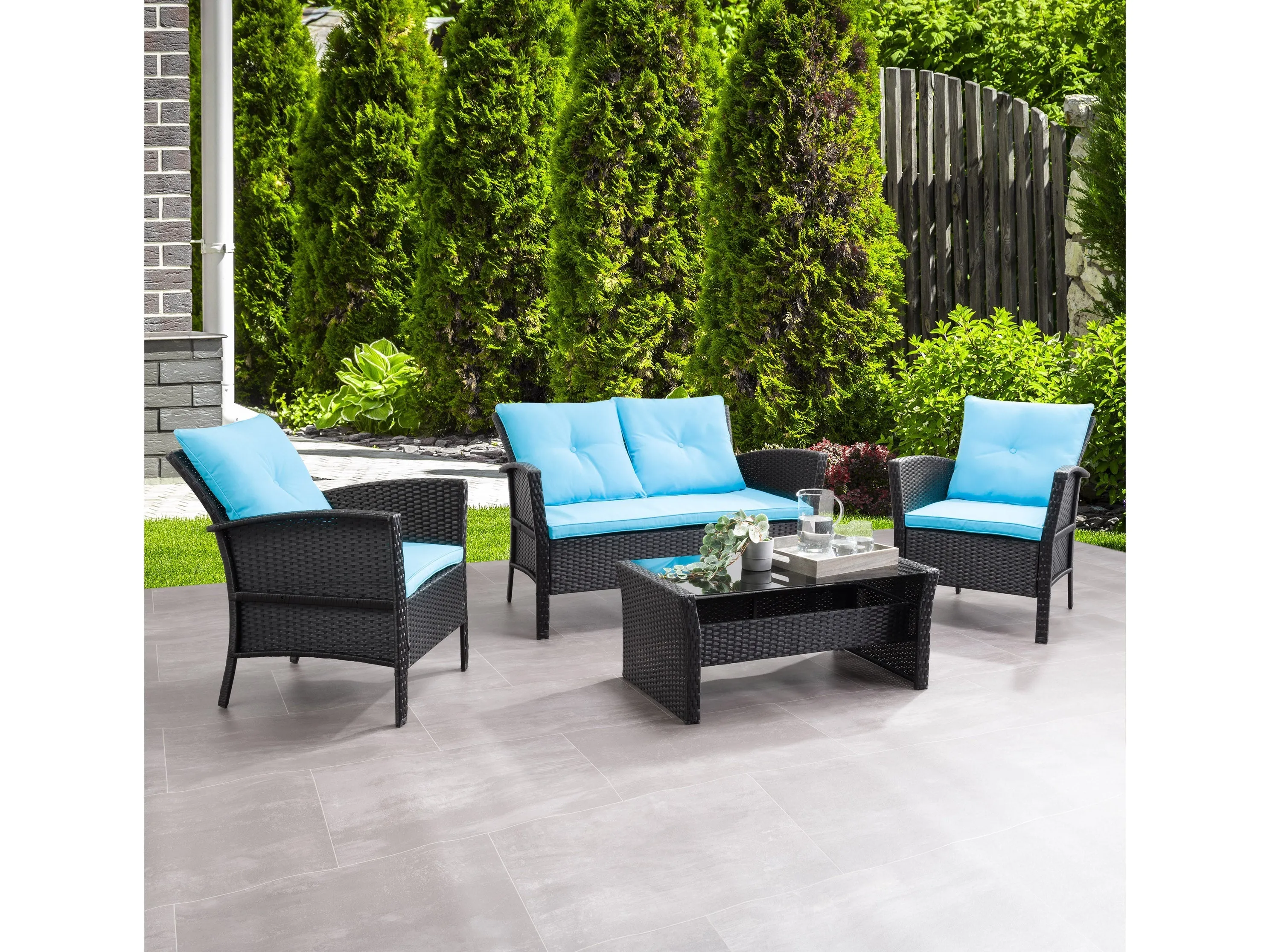 Black and Turquoise 4pc Wicker Patio Set