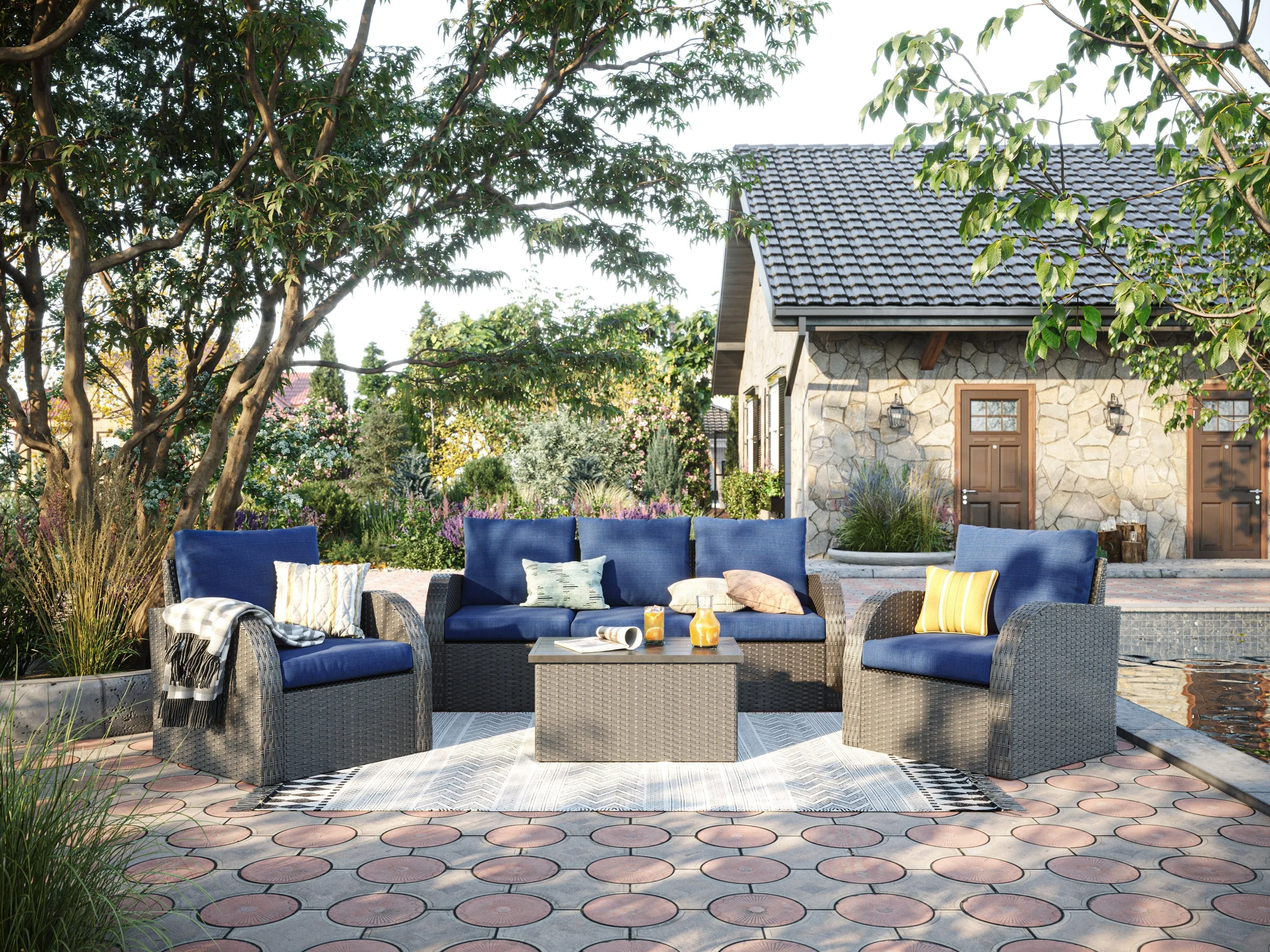 Blue Outdoor Sectional Chair, Right Arm