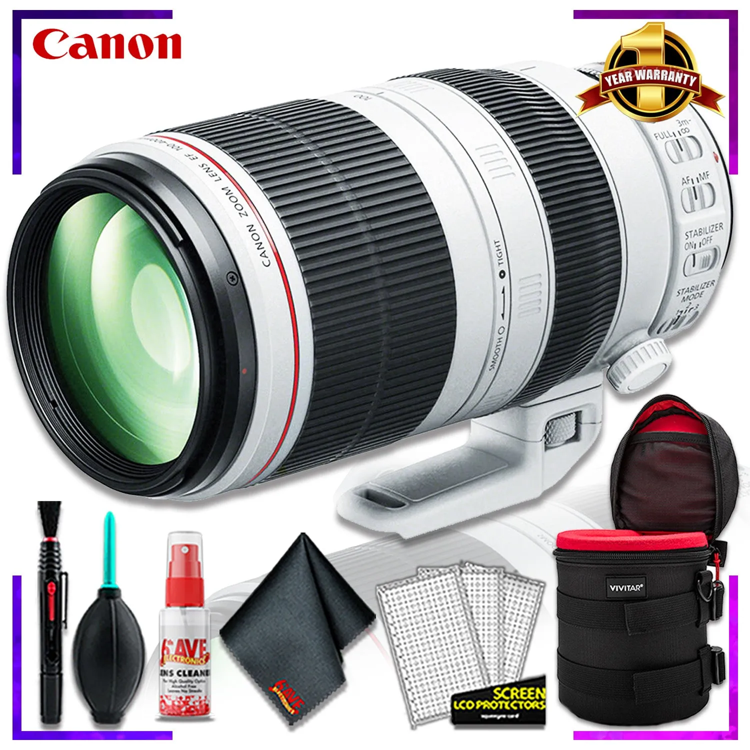 Canon EF 100-400mm F/10-5.6L IS Lens (Intl Model)   10 inch Vivitar Premium Lens Case   Cleaning Kit