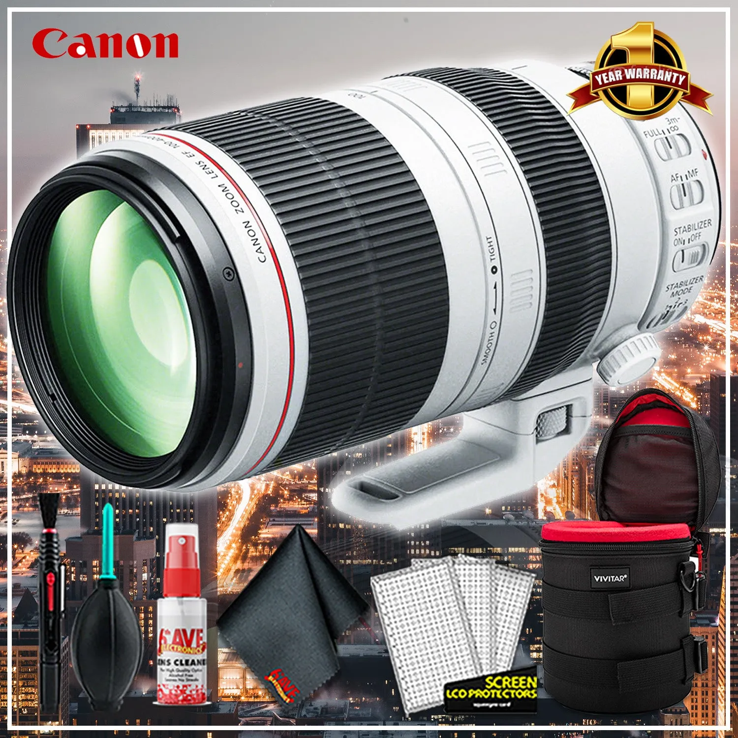 Canon EF 100-400mm F/10-5.6L IS Lens (Intl Model)   10 inch Vivitar Premium Lens Case   Cleaning Kit