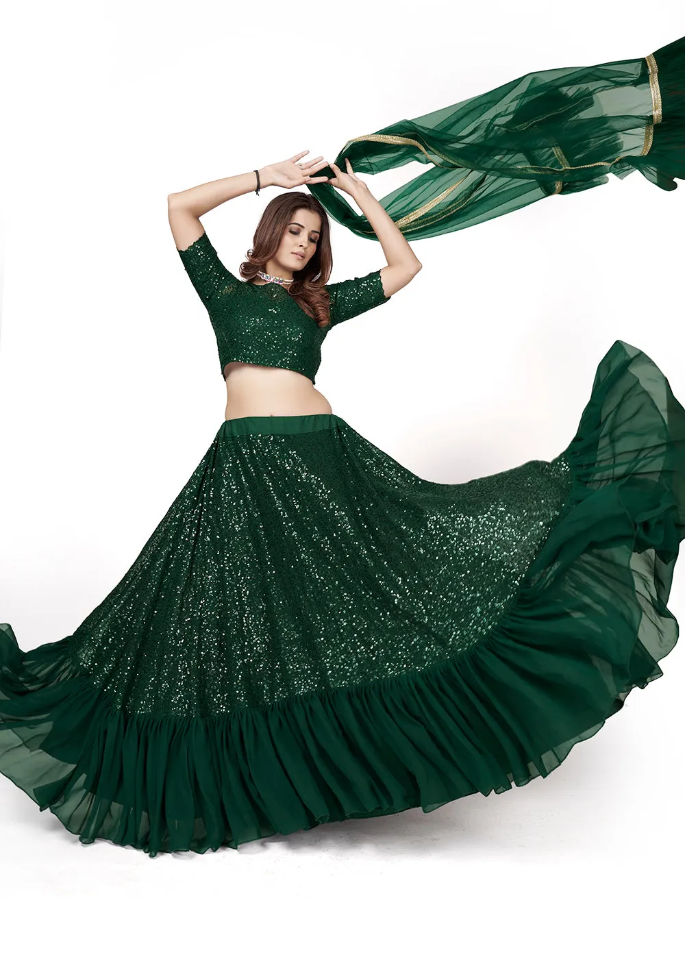 Dark Green Multi Sequins Embroidered Party Wear Lehenga Choli