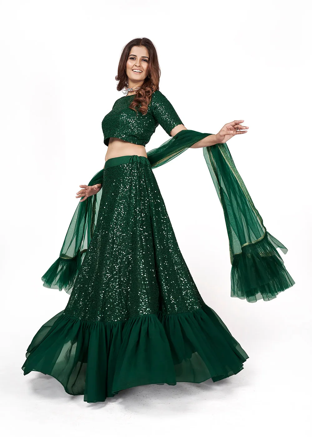 Dark Green Multi Sequins Embroidered Party Wear Lehenga Choli