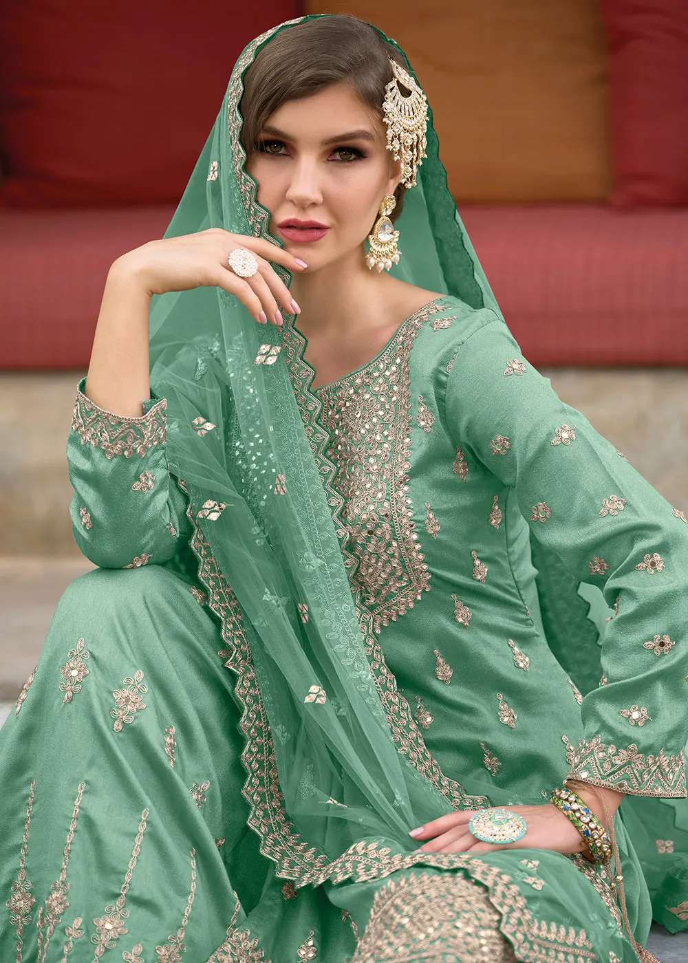 Festive Attractive Sea Green Heavy Silk Sharara Suit