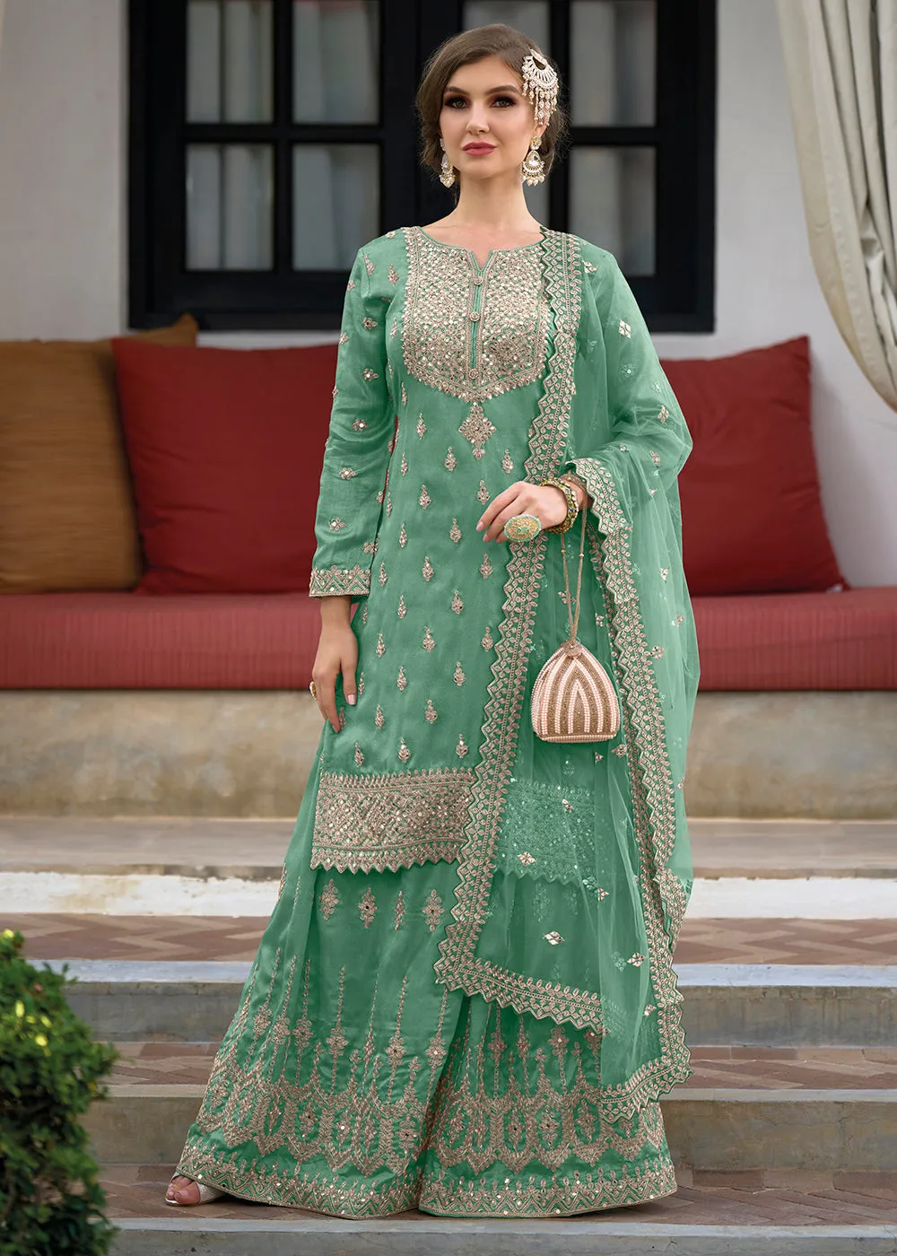 Festive Attractive Sea Green Heavy Silk Sharara Suit