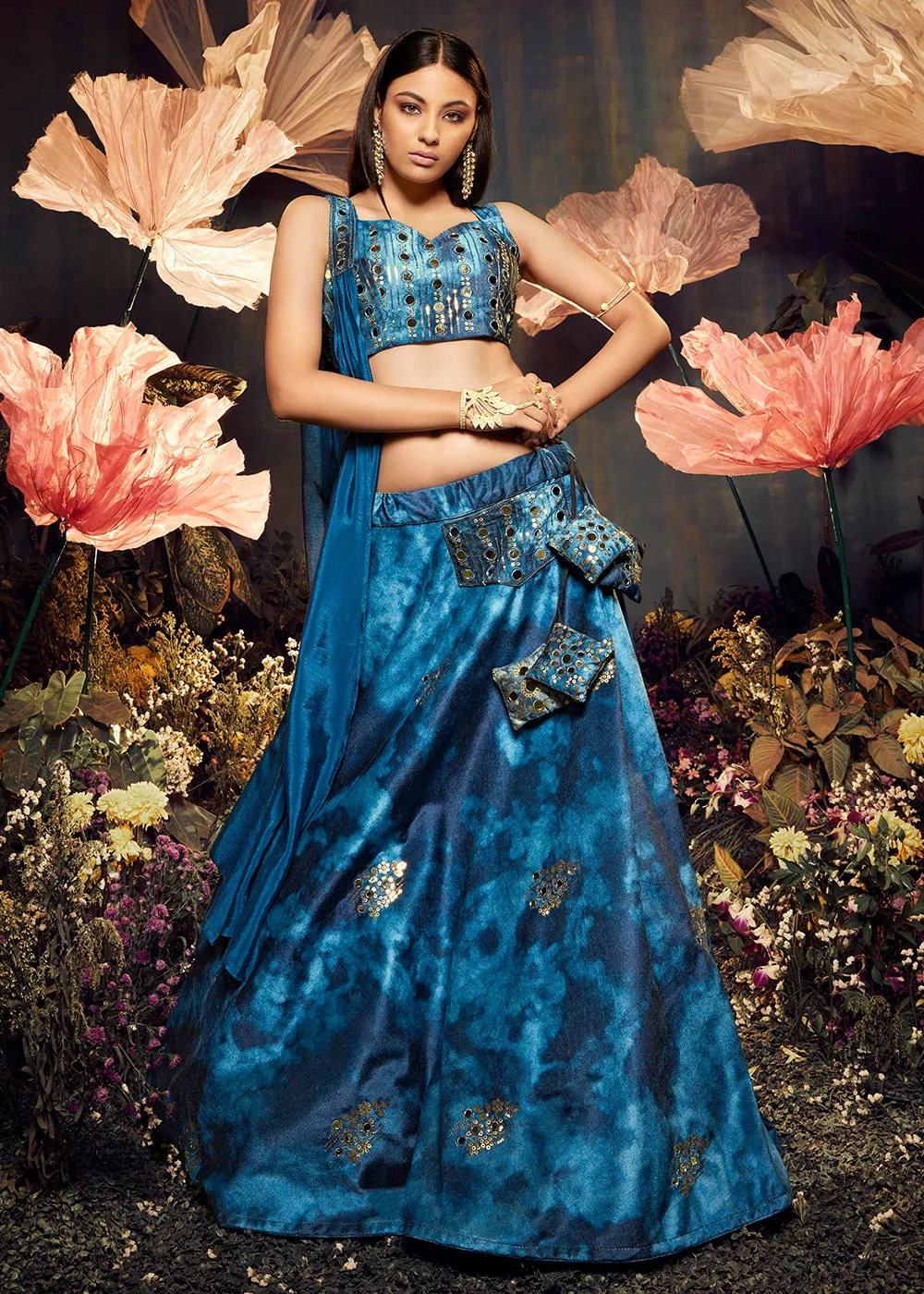 Graceful Blue Sequins & Mirror Velvet Lehenga Choli