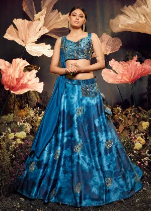 Graceful Blue Sequins & Mirror Velvet Lehenga Choli