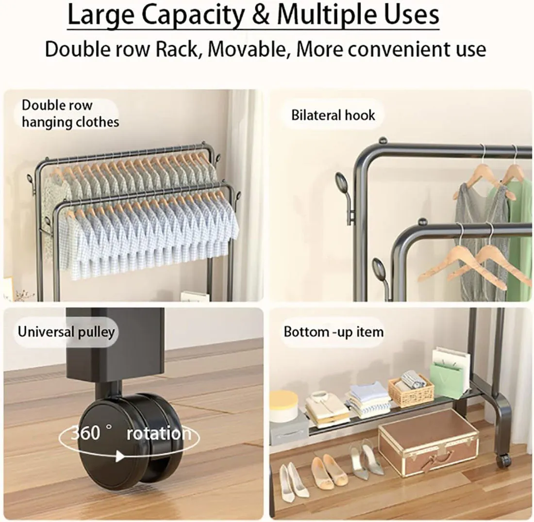 Heavy Duty Portable Double Rail Clothes Garment Hanging Rack Shoe Storage Shelf Organizer Hanger Dryer - black