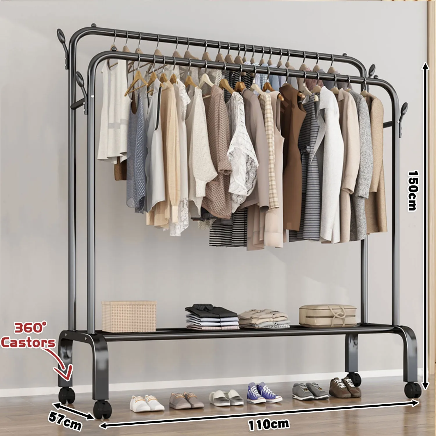 Heavy Duty Portable Double Rail Clothes Garment Hanging Rack Shoe Storage Shelf Organizer Hanger Dryer - black