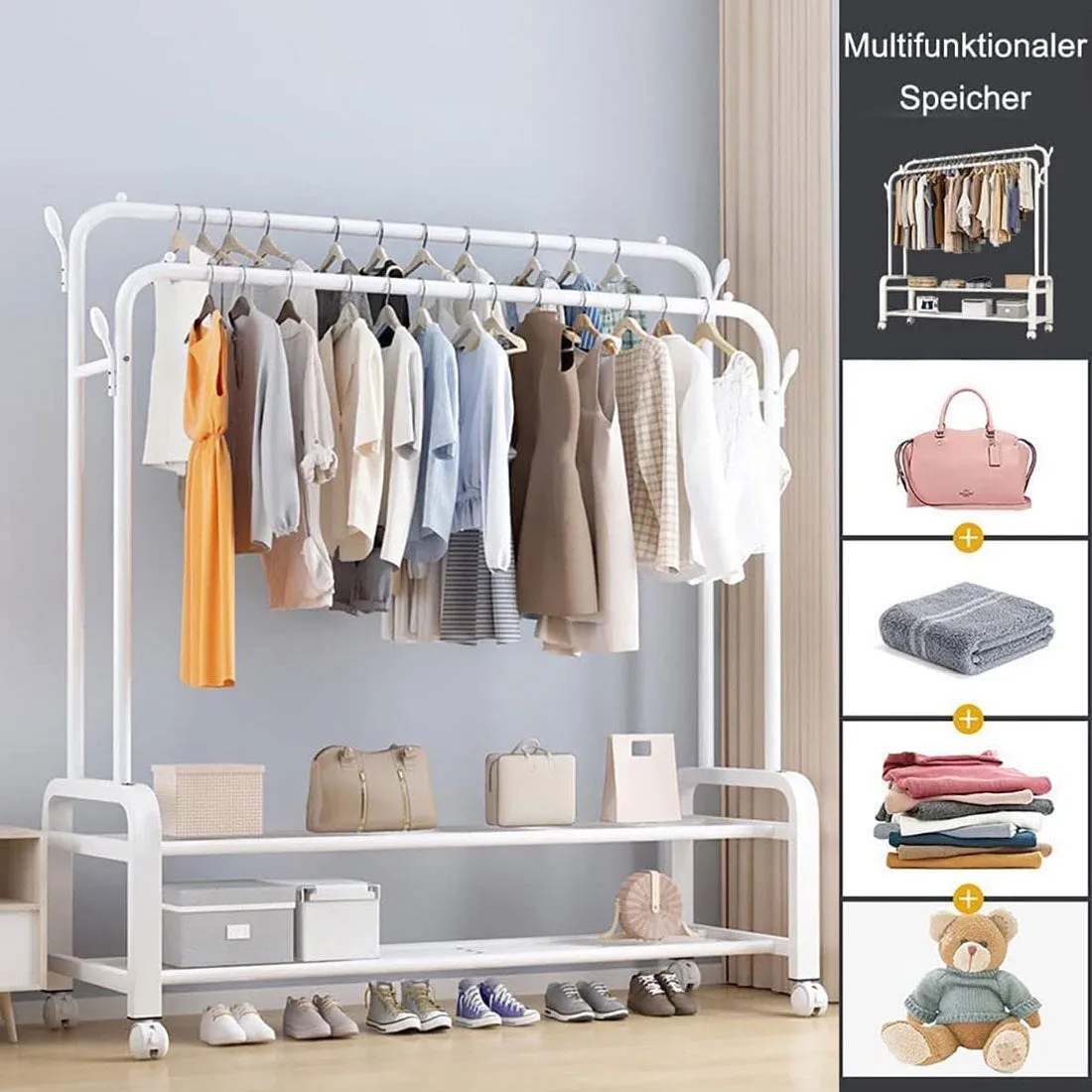 Heavy Duty Portable Double Rail Clothes Garment Hanging Rack Shoe Storage Shelf Organizer Hanger Dryer - white