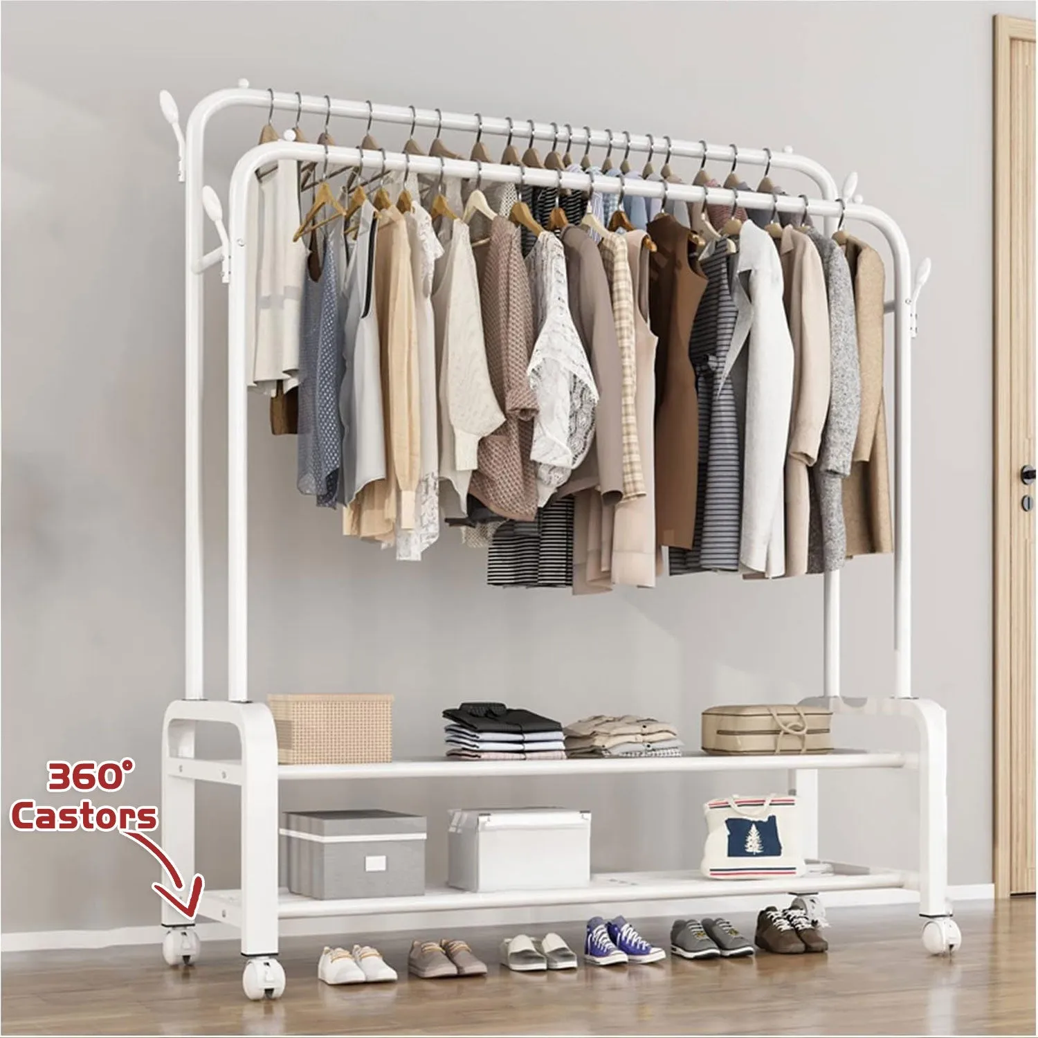 Heavy Duty Portable Double Rail Clothes Garment Hanging Rack Shoe Storage Shelf Organizer Hanger Dryer - white