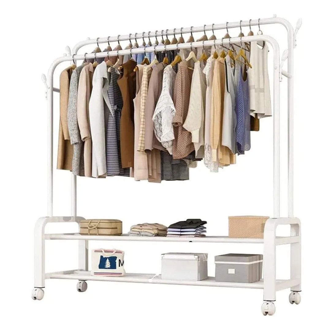 Heavy Duty Portable Double Rail Clothes Garment Hanging Rack Shoe Storage Shelf Organizer Hanger Dryer - white