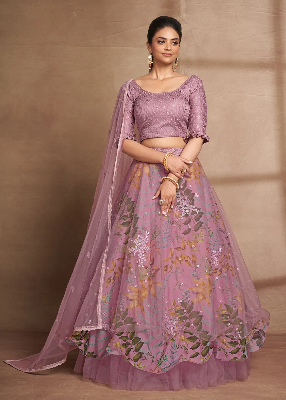 Lovely Purple Floral Digital Printed & Embroidered Lehenga Choli