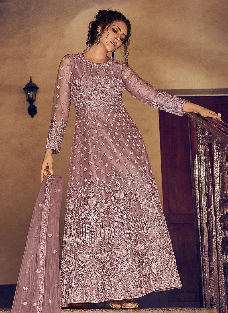 Pleasing Lilac Georgette Chikankari Designer Anarkali