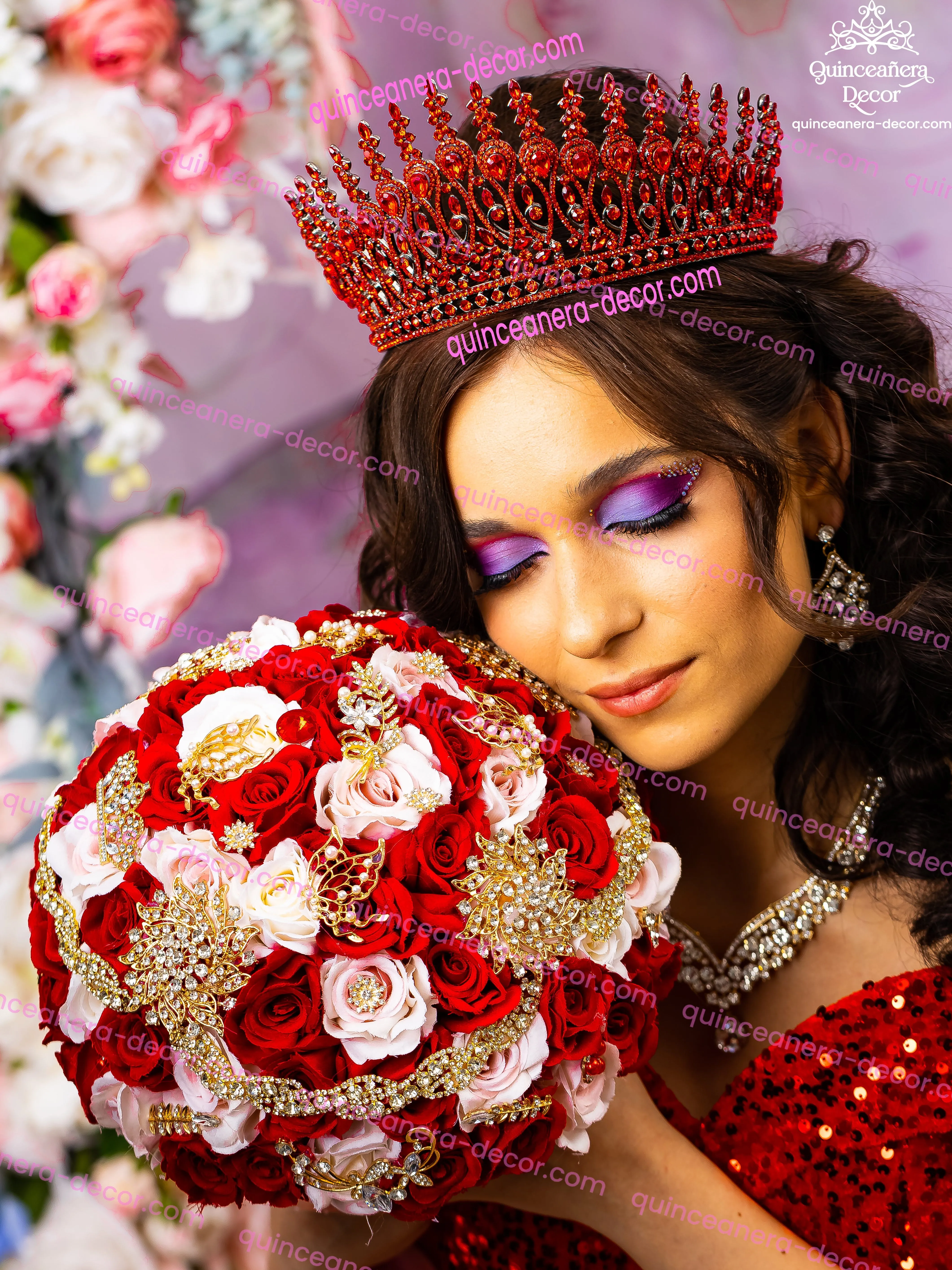 Red gold quinceanera guest book with pen