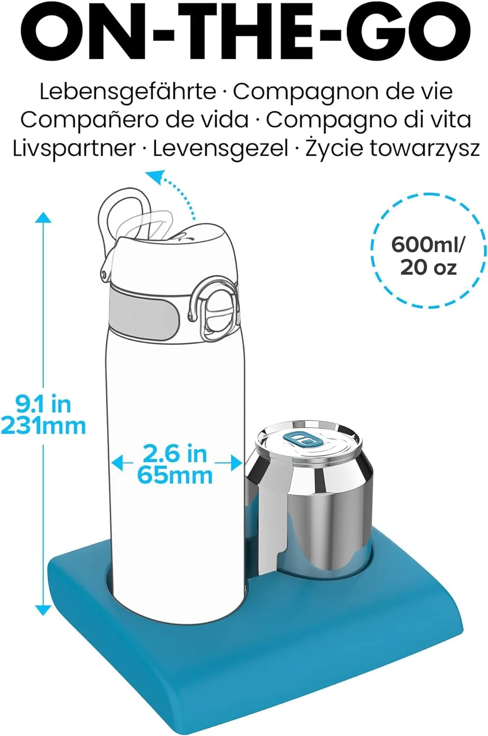 Water Bottle, 600 ml/20 oz, Leak Proof, Easy to Open, Secure Lock, Dishwasher Safe