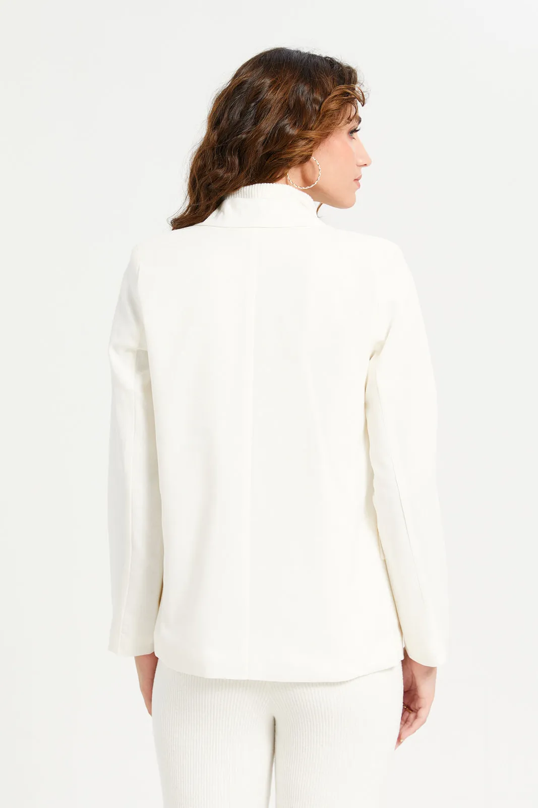 Women Cream Plain Linen Open Blazer